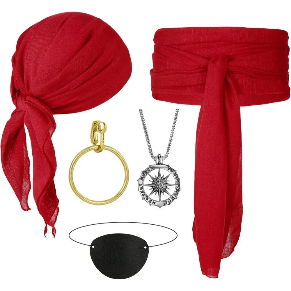 Men Women Pirate Costume Accessories Set Bandana Sash Necklace Eye Patch